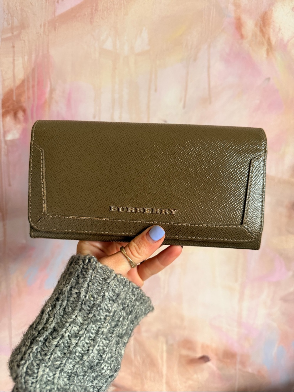 Burberry Olive Green Leather Continental Card Wallet with Gold Logo